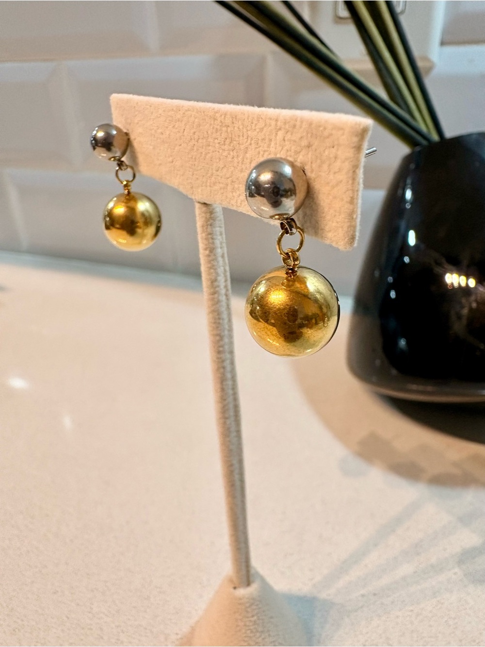 High Quality Stainless Steel NonTarnish Gold &Silver Solid Ball Drop Earrings -